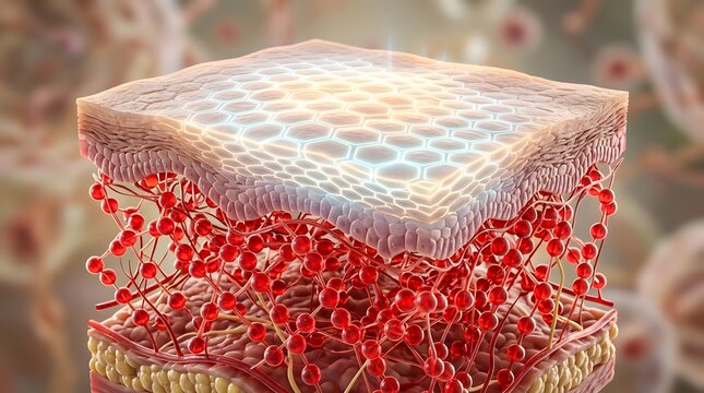 3d illustration of human skin layers with a glowing hexagonal grid structure on the surface and a network of blood vessels underneath