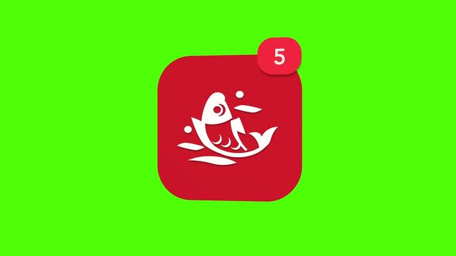 A 3D traditional auspicious Chinese twin fish symbol hanging feng shui wealth notification icon popping up and rotating on a green screen chroma key background with a red number counter animation.