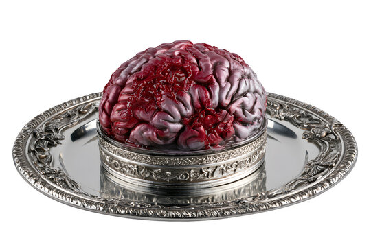 Bloody brain on an ornate silver platter for a party isolated on transparent background