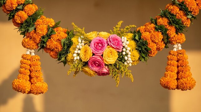 Blurry background featuring a floral Indian garland toran made of marigold blooms . for Hindu festivals. Happy Ugadi. Banner for Gudi Padva, Hindu New Year, Diwali, Onam, Pongal with copy space