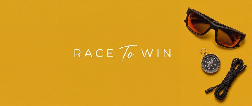 Travel gear yellow background banner featuring sunglasses compass and paracord rope with Race to Win text inspiring motivation active exploration athletic competition and outdoor survival concept