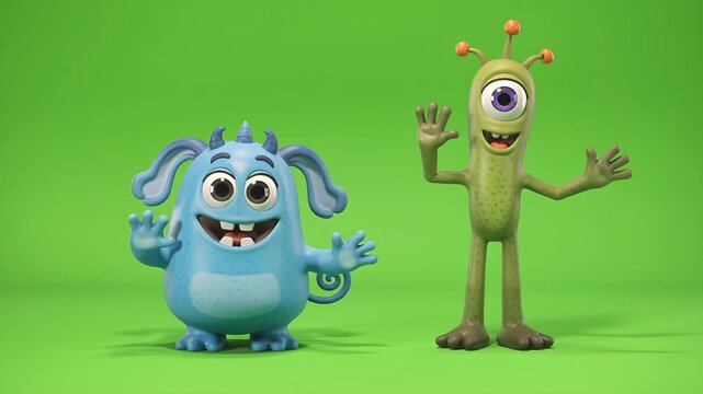Two friendly cute monsters waving and cheering on green backdrop. 4K Video