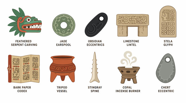 Collection of Ancient Mesoamerican Artifacts and Symbols.