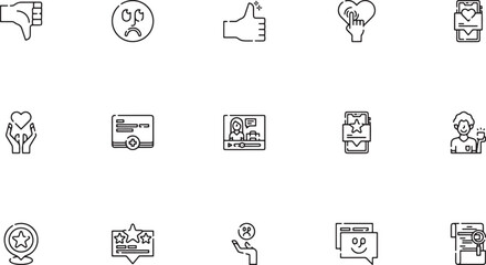 Fototapeta premium Professional customer support and quality guarantee outline vector icon collection featuring review badges helpdesk agents document clipboards and star ratings