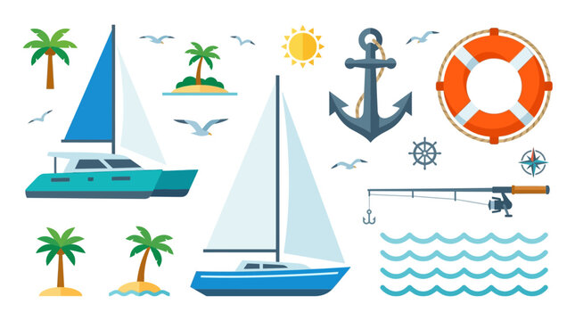Catamaran, Sailboat and Anchor Composition in Tropical Boat and Sailing Paradise Vector Asset Sheet with Clean Flat Design for Ocean Adventure Concepts
