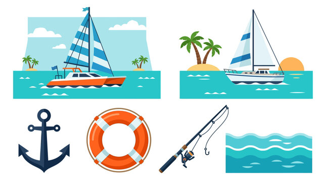 Catamaran, Sailboat and Anchor Composition in Tropical Boat and Sailing Paradise Vector Asset Sheet with Clean Flat Design for Ocean Adventure Concepts