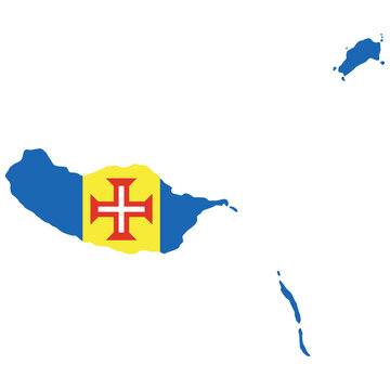 Vector map of Madeira filled with the regional flag colors. Ideal for geography, travel, and Portugal-related design projects.