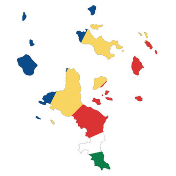 Vector map of Seychelles filled with the national flag colors. Ideal for geography, travel, education, and island-themed design projects.