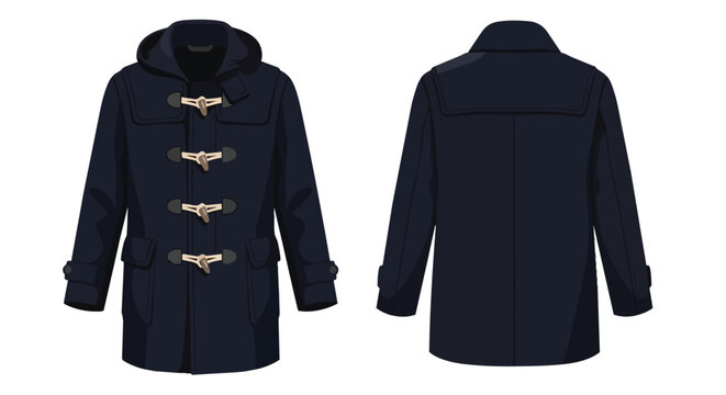 Dark Navy Blue Classic Duffle Coat with Toggle Fasteners and Hood Front and Back View Fashion Template