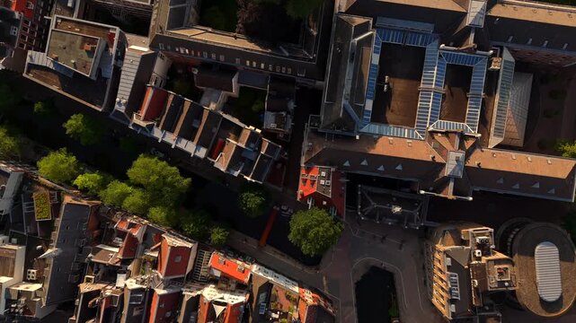 Drone flies above a narrow Amsterdam canal densely lined with green trees flanked by historic red roofed houses
