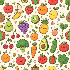 Fototapeta premium Colorful cartoon fruit and vegetable pattern with smiling faces