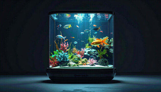 Colorful aquarium with tropical fish and vibrant aquatic plants