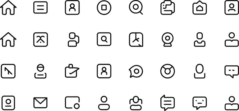 Minimal UI navigation icons, outline interface symbols, user profile menu search home chat icons, modern app design set