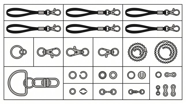Keychain Hardware and Lanyard Accessories Vector Set with Swivel Hooks, Rings, and Ball Chains