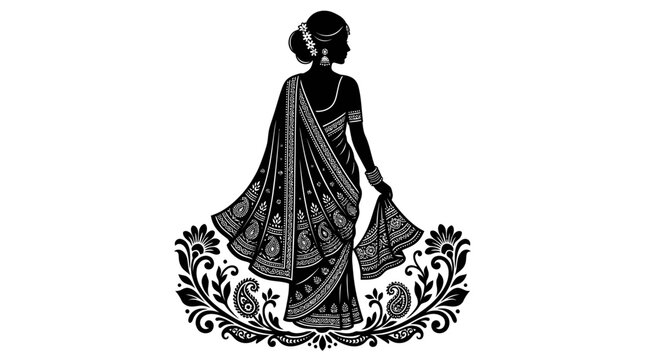 Woman in sari with floral border.