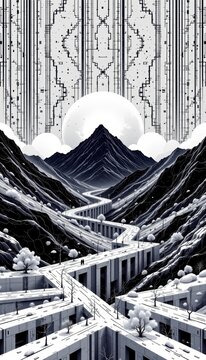 Geometric binary pattern forming abstract virtual landscape layout on dark theme