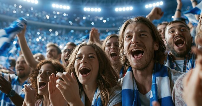 Excited sports fans cheering in stadium during night match