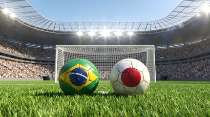 Obraz premium Brazil vs Japan national footballs on pitch in front of stadium goal