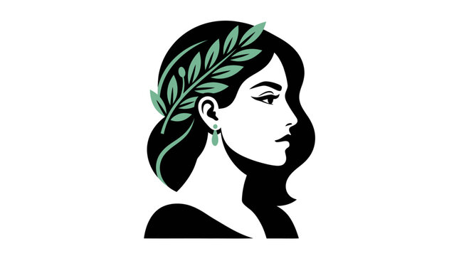 Woman profile wearing laurel leaf wreath.
