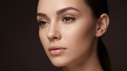 Fototapeta premium Stunning macro beauty portrait of a gorgeous young woman with flawless glowing skin and nude makeup looking away