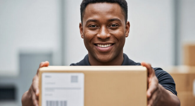 Smiling African American man delivering package directly to camera with outstretched hands, professional man delivering package wears a black uniform shirt, holding cardboard box with shipping label.