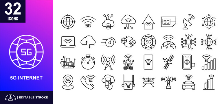 5G Internet Lineal Icon Set collection. 5G internet symbols vector illustration.