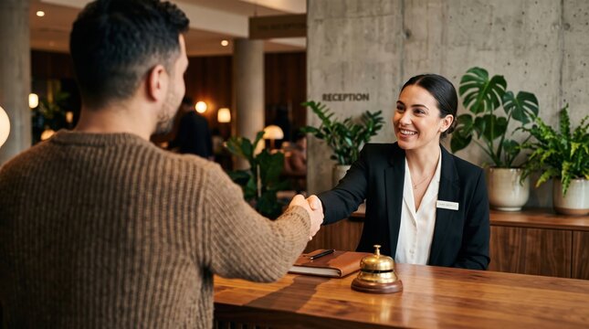Hotel guest shaking hands with friendly female receptionist at check-in counter.