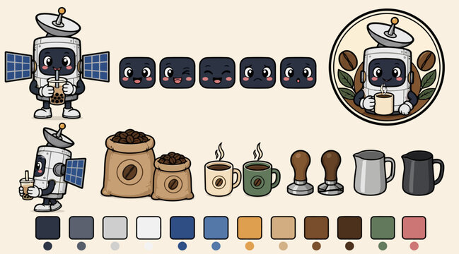 Cute Robot Character with Coffee and Space Theme.