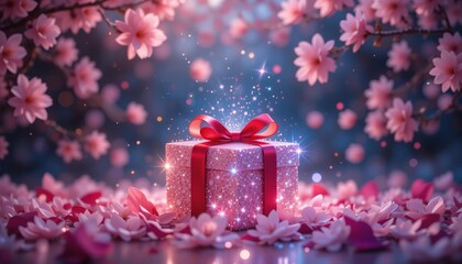 Fototapeta premium Sparkling pink gift box among falling blossoms