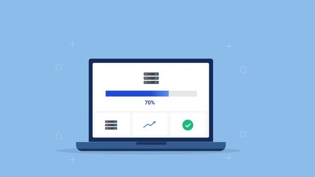 Modern flat vector animation of a laptop displaying a document management interface with file list, status indicator, and progress bar. Ideal for software, workflow, and web technology projects.