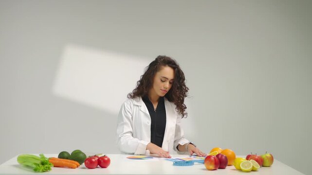 Female nutritionist sits at desk analyzing and moving diet charts while comparing documents with fruits and vegetables in a clean professional studio environment.
