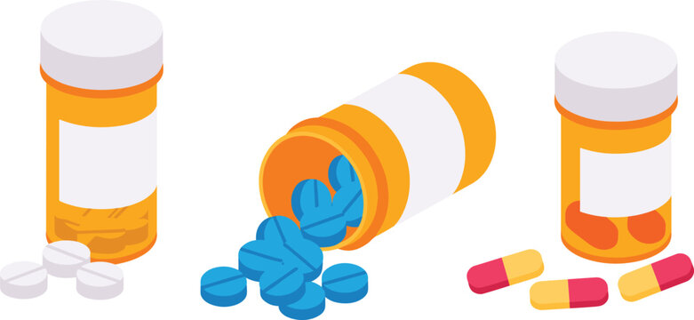 Medicine bottles and pills spilling from container isometric pharmaceutical illustration isolated on white background healthcare medication concept design