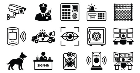 Security and surveillance icon set, 15 black vector symbols for home protection, professional monitoring and safety systems, private guard and alarm elements © amna