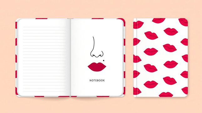 Open and closed notebook with red lips pattern