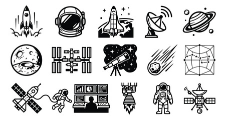 Space exploration icon set, black and white astronomy vector symbols, 15 galaxy and rocket ship elements for science infographics © amna