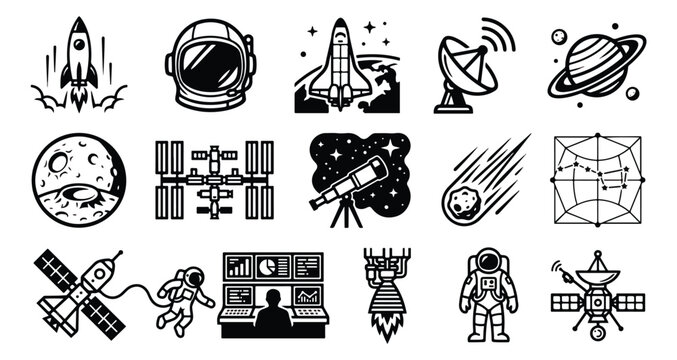 Space exploration icon set, black and white astronomy vector symbols, 15 galaxy and rocket ship elements for science infographics