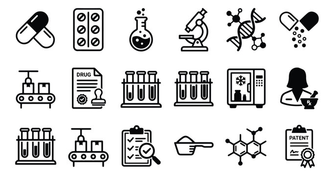 Pharmaceutical manufacturing icons set, 18 medical laboratory line vector elements, drug research and development symbols for healthcare industry