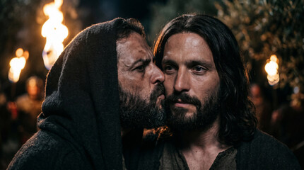 Fototapeta premium Man kissing another man to betray him, the Judas kiss in a dark olive grove marking the Passion event of Easter