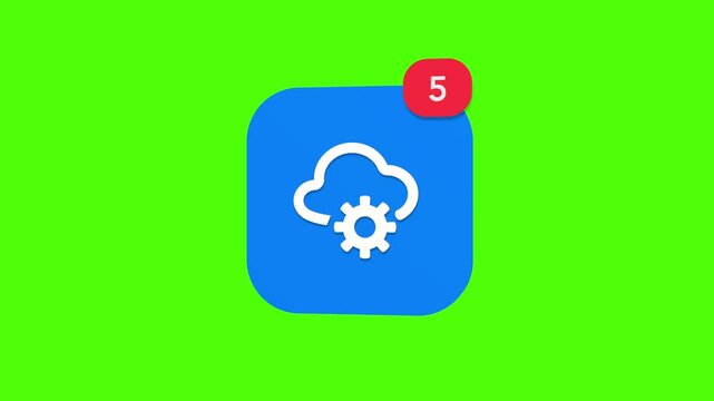 A 3D cloud storage symbol with an engineering mechanical gear settings optimization notification icon popping up and rotating on a green screen chroma key background with a red number counter animatio