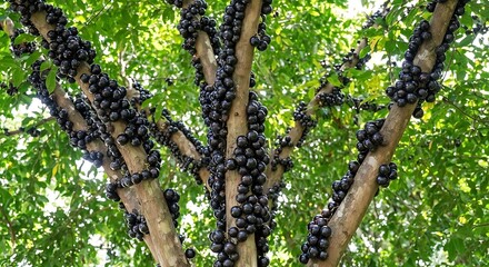 Fototapeta premium Grapevine, lush green leaves, purple grapes, fruit tree, vineyards, wine production, agriculture