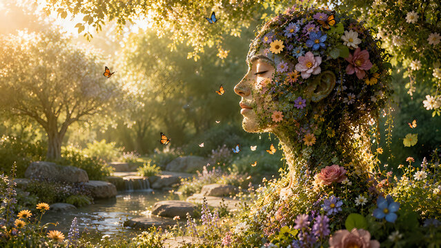 Floral Woman Face in Garden