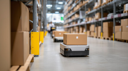 Fototapeta premium Autonomous robot moving cardboard box in modern warehouse