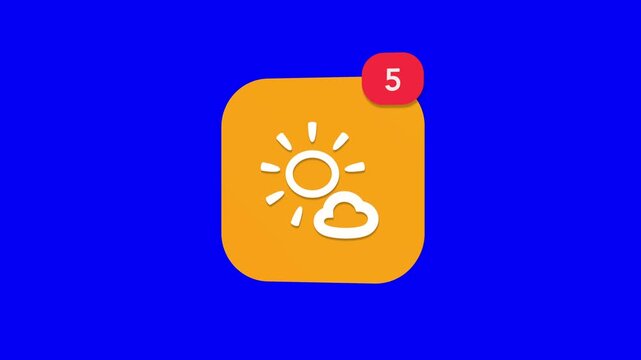 A 3D bright yellow sun with a small white cloud summer forecast clear sky notification icon popping up and rotating on a blue screen chroma key background with a red number counter animation.