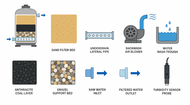 Water Filtration Process Diagram with Multiple Stages.