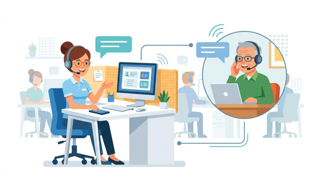 A female customer service agent wearing a headset talks to an elderly man on a video call, depicted with speech bubbles and technology icons in a bright, modern office environment