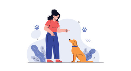 Obraz premium Young woman teaching her dog a command to sit in a modern stylized illustration representing pet training and animal companionship.
