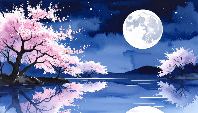 Watercolor painting of blossoming cherry blossom trees and glassy lake at night, luminous full moon hangs in the sky. Hand-drawn art, aquarelle style with soft washes, delicate ink outlines.