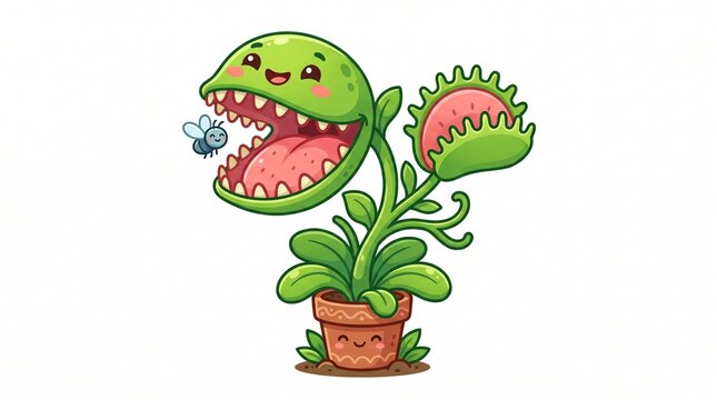 Kawaii Venus flytrap in a smiling pot, open mouth with teeth near a tiny fly. Pink interior, green leaves, second closed trap. Cute cartoon vector on white.