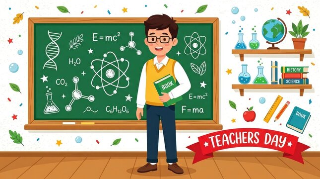 Teacher celebrating teachers day with science chalkboard illustration