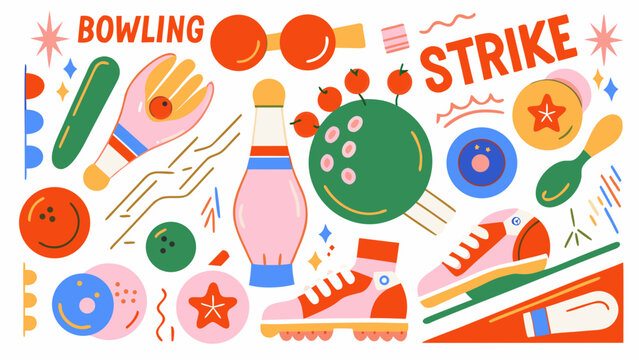 Bowling pins ball and related elements in a colorful vector illustration arrangement strike spare tenpin